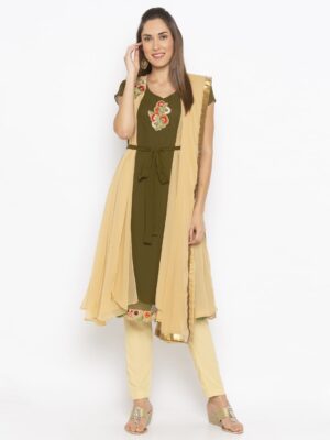 Nikhaar Creations Green Embroidered Cotton Asymmetrical Pants Kurta Dupatta