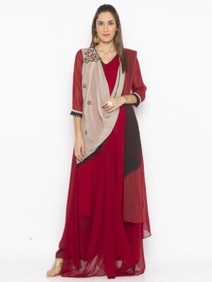 Nikhaar Creations Maroon Embroidered Georgette Asymmetrical Pants Kurta Dupatta