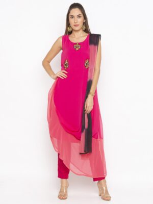 Nikhaar Creations Pink Embroidered Georgette Asymmetrical Pants Kurta Dupatta