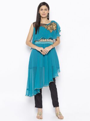 Nikhaar Creations Blue Embroidered Georgette Asymmetrical Kurta