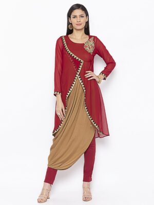 Nikhaar Creations Maroon Embroidered Georgette Asymmetrical Kurta