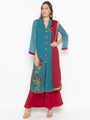 Nikhaar Creations Green Embroidered Georgette Straight Cut Palazzo Kurta Dupatta