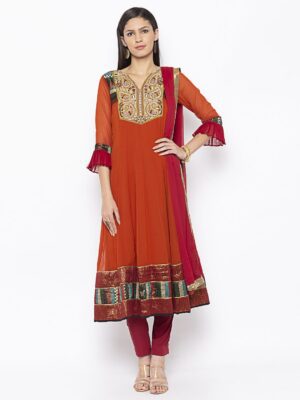 Nikhaar Creations Rust Embroidered Georgette A Line Trouser Kurta Dupatta