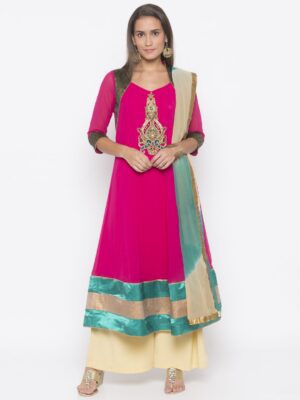 Nikhaar Creations Pink Embroidered Georgette A Line Palazzo Kurta Dupatta