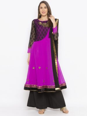 Nikhaar Creations Pink Embroidered Georgette A Line Palazzo Kurta Dupatta