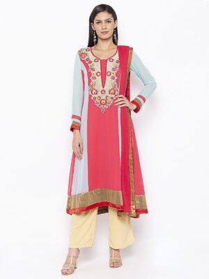 Nikhaar Creations Red Embroidered Georgette Anarkali Palazzo Kurta Dupatta Readymade Suit