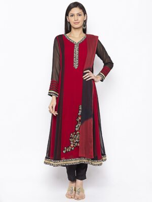 Nikhaar Creations Maroon Embroidered Georgette Anarkali Trouser Kurta Dupatta Readymade Suit
