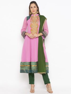 Nikhaar Creations Light-Pink Embroidered Georgette A Line Trouser Kurta Dupatta Readymade Suit