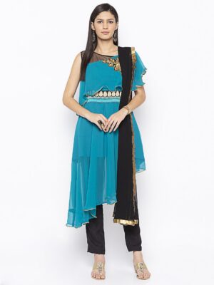 Nikhaar Creations Blue Embroidered Georgette Asymmetrical Trouser Kurta Dupatta Readymade Suit