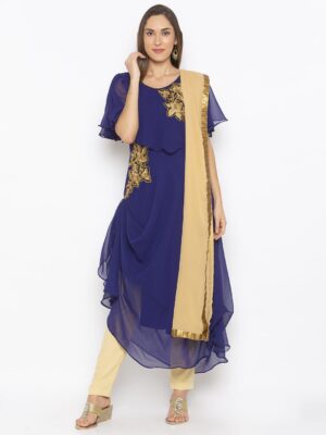 Nikhaar Creations Blue Embroidered Georgette Asymmetrical Trouser Kurta Dupatta