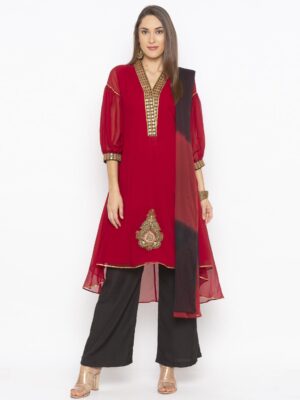 Nikhaar Creations Maroon Embroidered Georgette Asymmetrical Palazzo Kurta Dupatta