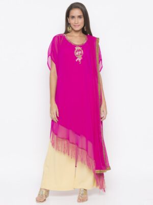 Nikhaar Creations Pink Embroidered Georgette Asymmetrical Palazzo Kurta Dupatta