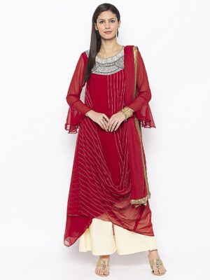 Nikhaar Creations Maroon Embroidered Georgette Asymmetrical Palazzo Kurta Dupatta