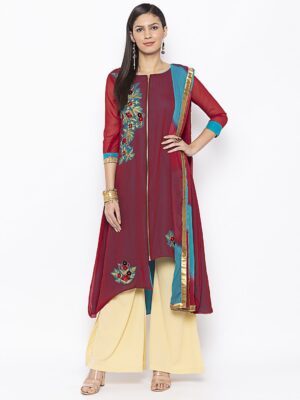 Nikhaar Creations Maroon Embroidered Georgette Asymmetrical Palazzo Kurta Dupatta