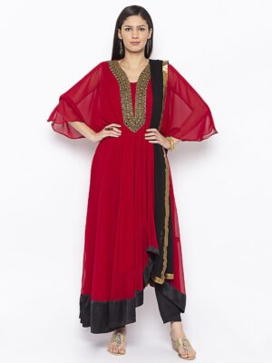 Nikhaar Creations Maroon Embroidered Georgette Asymmetrical Trouser Kurta Dupatta