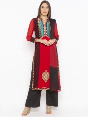 Nikhaar Creations Red Embroidered Georgette Straight Cut Palazzo Kurta Dupatta