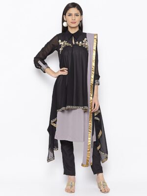 Nikhaar Creations Black Embroidered Georgette Asymmetrical Trouser Kurta Dupatta