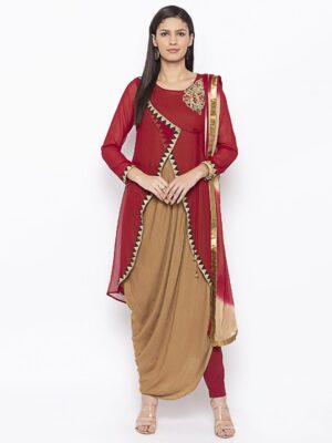 Nikhaar Creations Maroon Embroidered Georgette Asymmetrical Trouser Kurta Dupatta