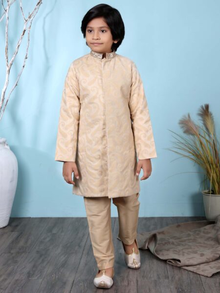 Beige Jacquard Sherwani And Cotton Silk Trouser
