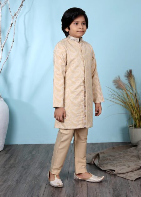 Beige Jacquard Sherwani And Cotton Silk Trouser - Image 2