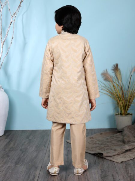 Beige Jacquard Sherwani And Cotton Silk Trouser - Image 4