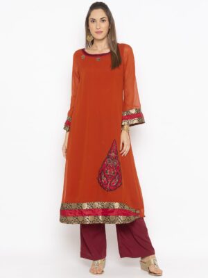 Nikhaar Creations Orange Embroidered Georgette A Line Palazzo Kurta Set