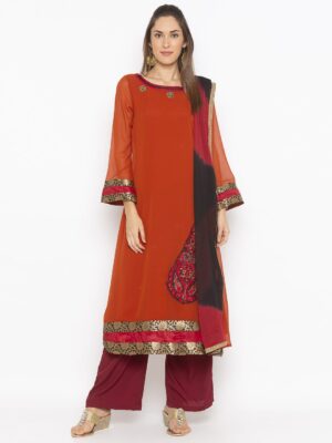 Nikhaar Creations Orange Embroidered Georgette A Line Palazzo Kurta Dupatta