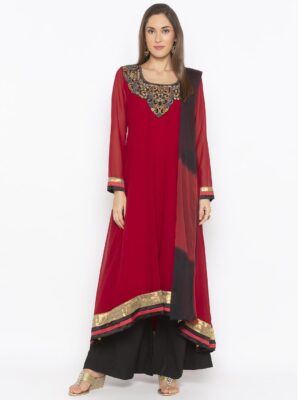 Nikhaar Creations Maroon Embroidered Georgette Asymmetrical Palazzo Kurta Dupatta