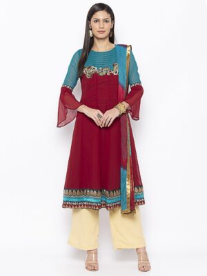 Nikhaar Creations Maroon Embroidered Georgette Kalidar Palazzo Kurta Dupatta
