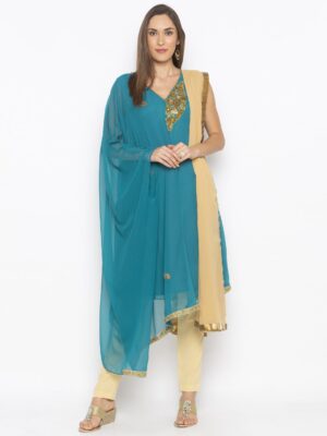 Nikhaar Creations Green Embroidered Georgette Asymmetrical Trouser Kurta Dupatta