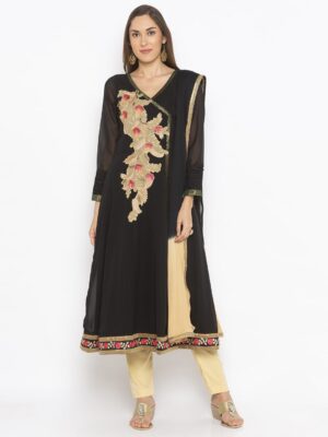 Nikhaar Creations Black Embroidered Georgette Asymmetrical Trouser Kurta Dupatta