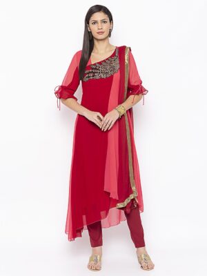 Nikhaar Creations Maroon Embroidered Georgette Asymmetrical Trouser Kurta Dupatta