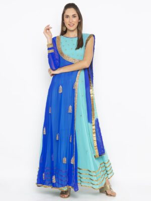 Nikhaar Creations Blue Embroidered Georgette Asymmetrical Trouser Kurta Dupatta
