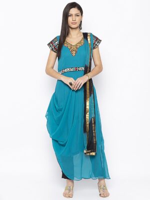 Nikhaar Creations Blue Embroidered Georgette Asymmetrical Trouser Kurta Dupatta