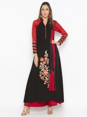 Nikhaar Creations Black Embroidered Georgette Flared Palazzo Kurta Dupatta