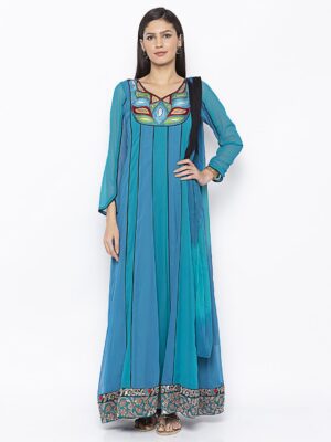 Nikhaar Creations Blue Embroidered Georgette Kalidar Trouser Kurta Dupatta