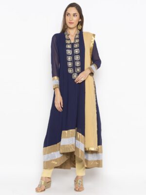 Nikhaar Creations Navy-Blue Embroidered Georgette Asymmetrical Trouser Kurta Dupatta