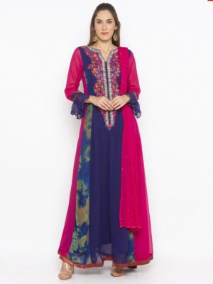 Nikhaar Creations Navy Blue Embroidered Georgette Kalidar Trouser Kurta Dupatta