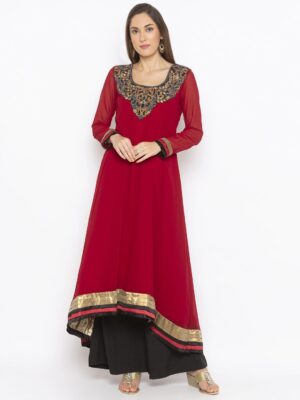 Nikhaar Creations Maroon Embroidered Georgette Asymmetrical Palazzo Kurta Set