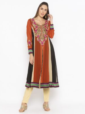 Nikhaar Creations Orange Embroidered Georgette Kalidar Trouser Kurta Set