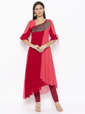 Nikhaar Creations Maroon Embroidered Georgette Asymmetrical Trouser Kurta Set