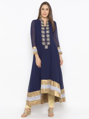 Nikhaar Creations Navy Blue Embroidered Georgette Asymmetrical Trouser Kurta Set