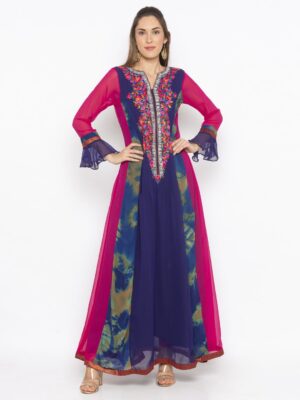 Nikhaar Creations Navy Blue Embroidered Georgette Kalidar Trouser Kurta Set