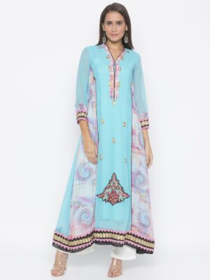 Nikhaar Creations Light Blue Embroidered Georgette Kalidar Palazzo Kurta Set