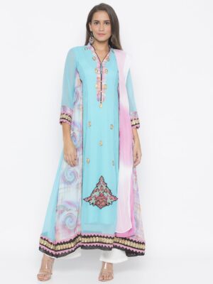 Nikhaar Creations Light Blue Embroidered Georgette Kalidar Palazzo Kurta Dupatta