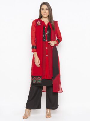 Nikhaar Creations Red Embroidered Georgette Straight Palazzo Kurta Dupatta