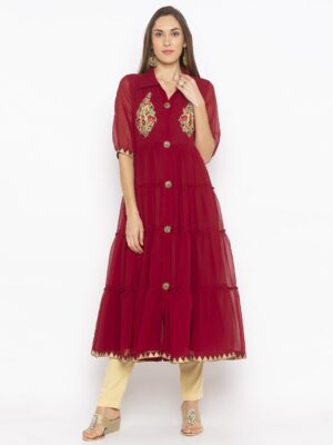 Nikhaar Creations Maroon Embroidered Georgette Anarkali Trouser Kurta Set