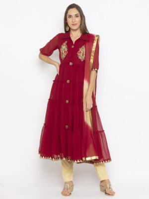 Nikhaar Creations Maroon Embroidered Georgette Anarkali Trouser Kurta Dupatta
