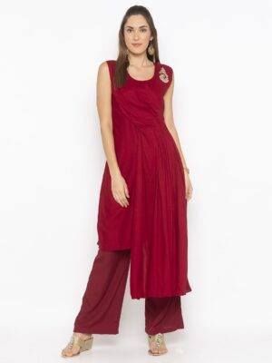 Nikhaar Creations Maroon Embroidered Cotton Asymmetrical Palazzo Kurta Set