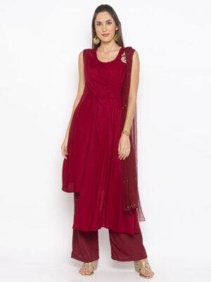 Nikhaar Creations Maroon Embroidered Cotton Asymmetrical Palazzo Kurta Dupatta